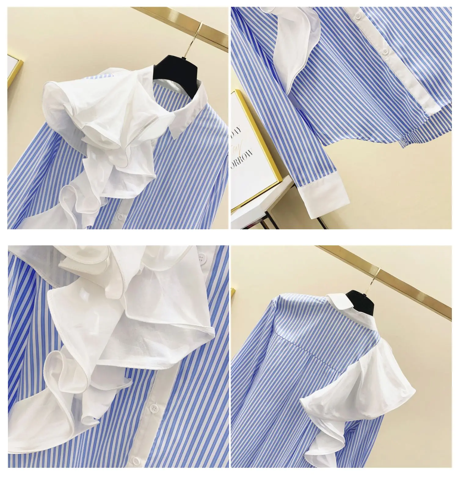 Blue Vertical Striped Ruffle Irregular Stitching Shirt Women's Tops and Blouses 2020 Spring Autumn Long Sleeve Retro Blouse Top - 4.00068E+12