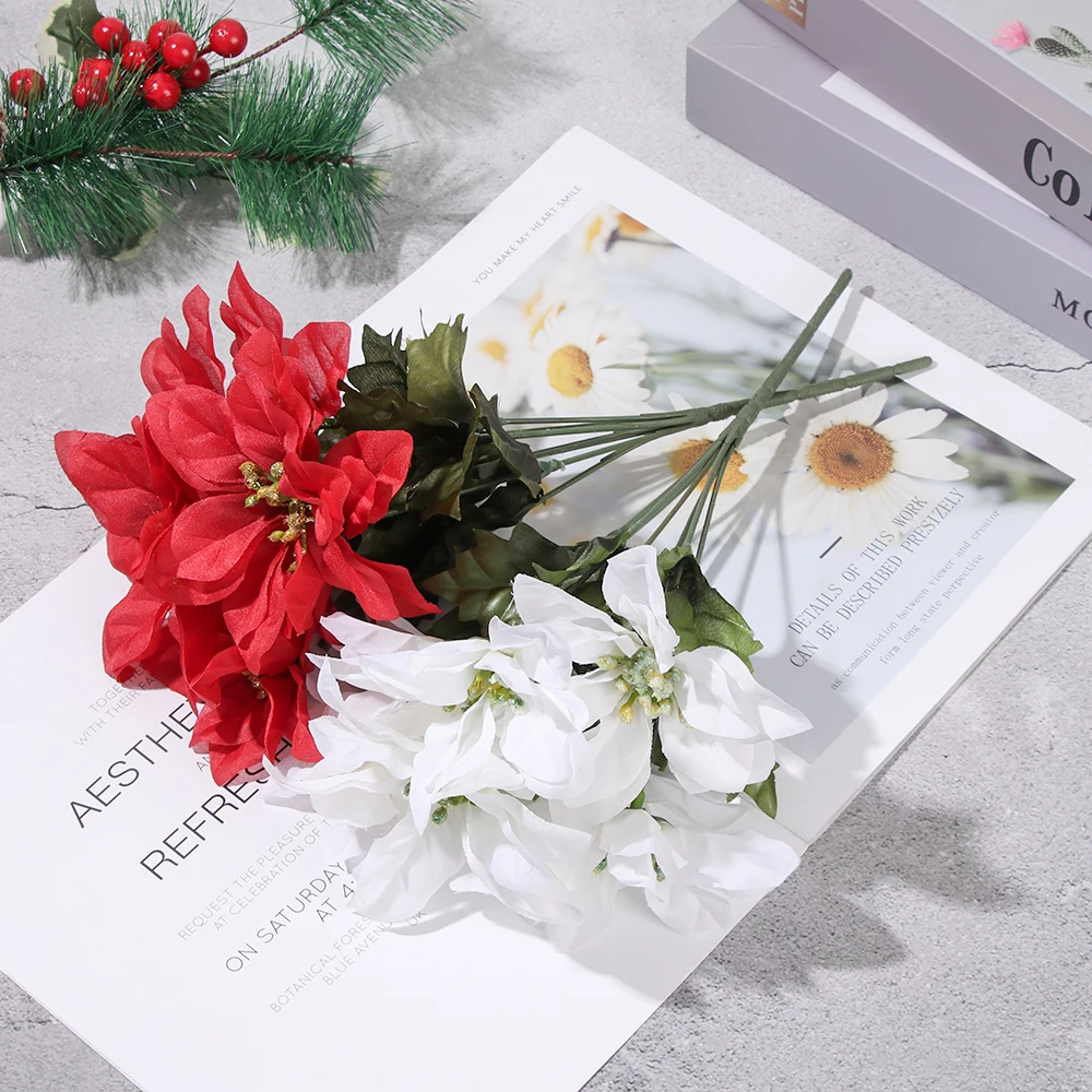 

1PC 7 Heads Silk Christmas Artificial Flowers Xmas Gift Poinsettia Ornament Wedding Party Favors Home Decoration Supplies