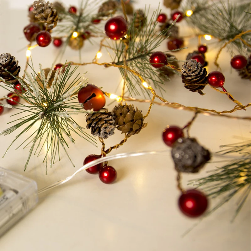 Red berry Christmas Garland Lights LED Copper Fairy lights Pinecone string lights for Xmas Holiday Tree and Home Decoration