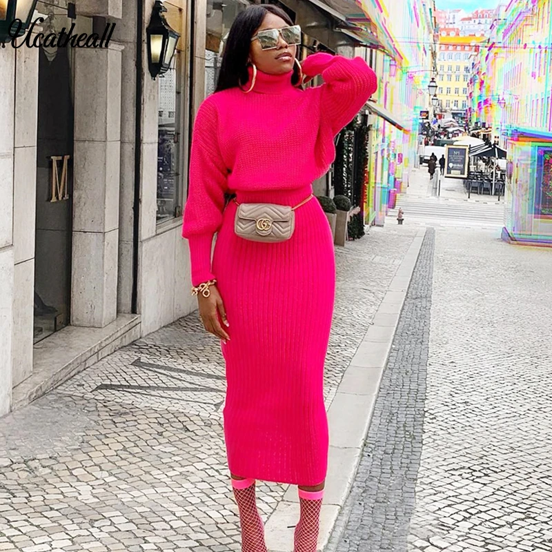 

Two-piece Knitted Dress Women Elegant Autumn Winter Sweater Dress Long Sleeve Jumper Knit Female 2 Piece Set
