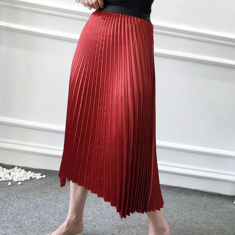 Новые популярные женские роскошные длинные мягкие гладкие шелковые Сатиновые юбки до середины икры, офисные женские плиссированные вечерние юбки с высокой талией