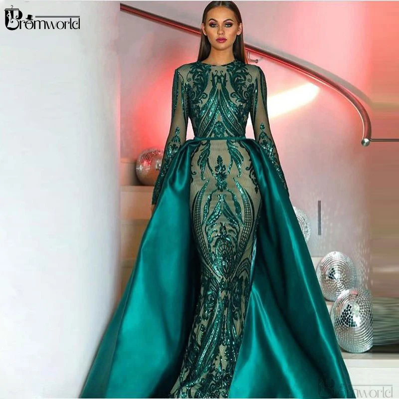 Emerald Green Lange Mouwen Mermaid Avondjurken 2020 Elegant Prom Dress Afneembare Rok Saudi Arabië 2 Stuks Formele Gowns Emerald Green Lange Mouwen Mermaid Avondjurken 2020 Elegant Prom Dress Afneembare Rok Saudi Arabië 2 Stuks Formele Gowns