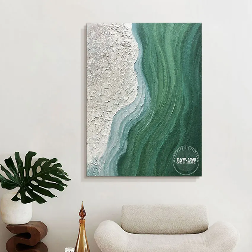 

Abstract Oil Painting Wall Canvas, Home Art, Hand Picture, Modern Artwork for Office, Unframed, White and Green, Free Shipping