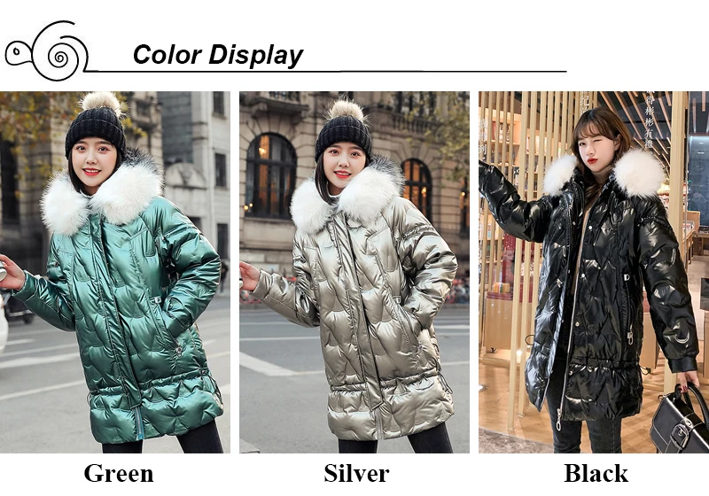 2020 Winter Long Shiny Jacket For Women Solid Plus Size Hooded Parkas Korean Style Fur Collar Thick Outwear Coats Chaqueta Mujer