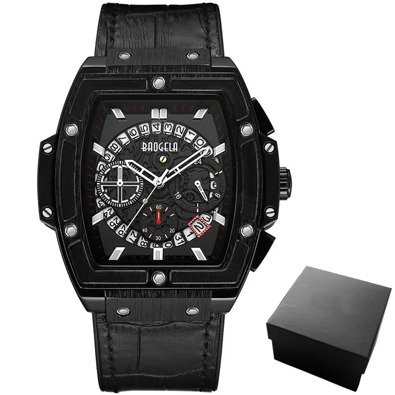 BGL1703-Black Baogela мужские спортивные кварцевые часы с кожаным ремешком и хронографом, модные армейские прямоугольные аналоговые наручные часы для мужчин 1703, розовые - Цвет: BGL1703-Black