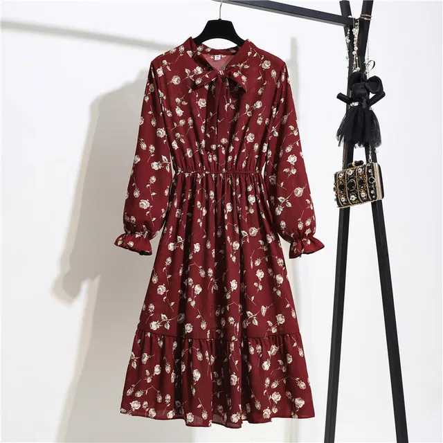 11 Style Beautiful Fashion Summer Women Long Sleeve Dress Retro Collar Casual High Waist Dresses Floral Print Chiffon Clothing 3