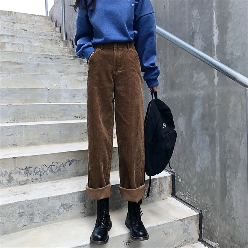 BGTEEVER Vintage High Waist Straight Pants Women Casual Winter Corduroy Pants Female Wide Leg Trousers Women pantalon femme