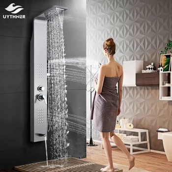 

Newly Black/Brushed Nickle Bathroom Shower Faucet Bath Shower Panel Column Bathtub Mixer Tap With Hand Shower Water Mixer Tap