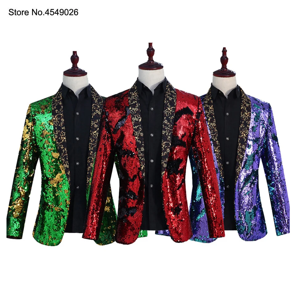 

Tide Mens Double-turning Two Colors Sequins Blazer Dj Singer Night Club Party Blue Green Purple Gold Silver Suit Jacket Outfit
