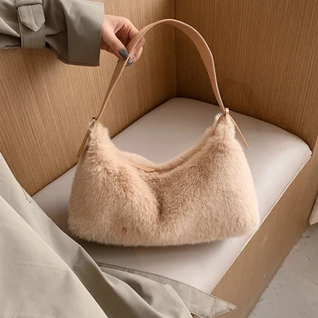 

Solid Color Faux Fur Small Soft Crossbody Bags for Women 2020 Winter Trend Hand Bag Women's Luxury Warm Shoulder Handbags