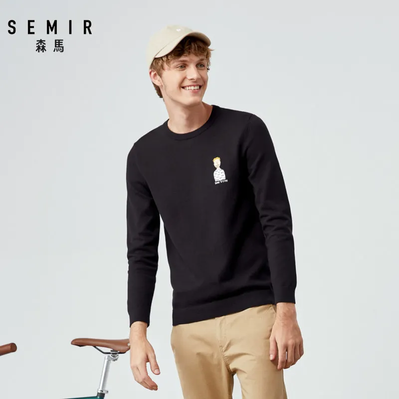 

SEMIR Men Fine-Knit Sweater with Applique Men's Pullover Sweater with Ribbed Crewneck Cuff and Hem in Soft Cotton Fashion Spring