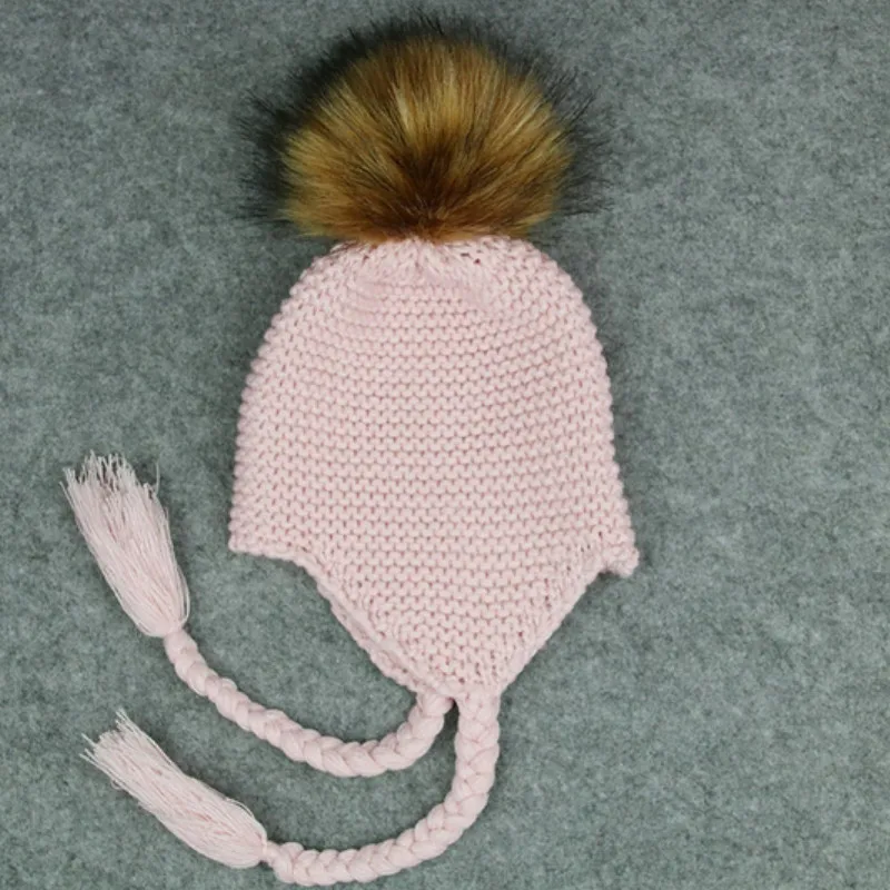 CuteToddler/зимняя теплая вязаная шапочка унисекс с меховым шаром для девочек и мальчиков, шапка с наушниками, аксессуары для детей, подарок для детей, черный цвет - Цвет: Розовый