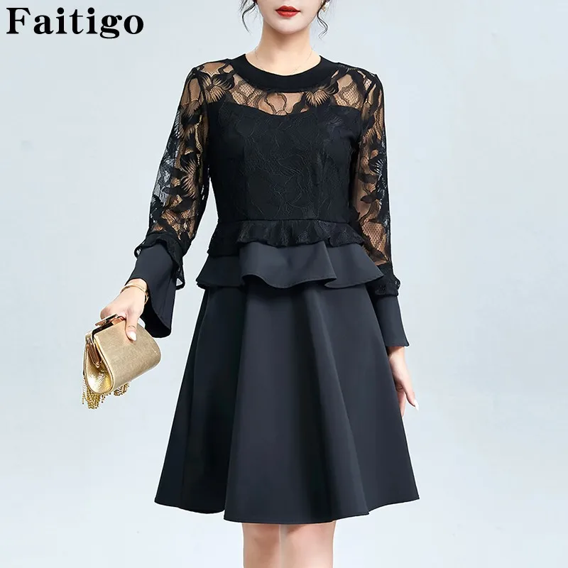 

Women Print Dress Autumn O-neck Long Sleeve Fashion Lace Patchwork Plus Size Office Elegant Ladies Dresses Casual Midi Dress