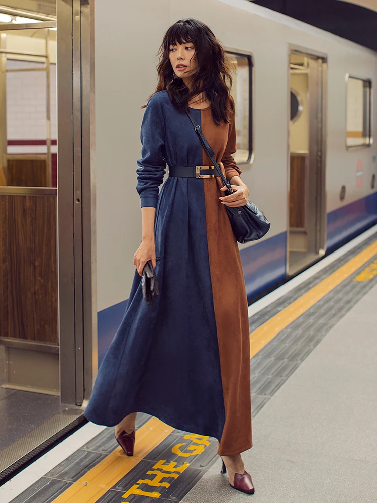 

High Quality Brand New 2019 Autumn Winter Long Dress Women O-Neck Color Block Suede Leather Patchwork Long Sleeve Maxi Dress XXL