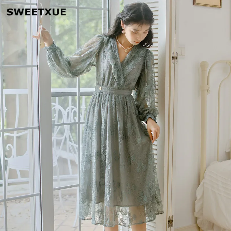 SWEETXUE винтажное кружевное длинное платье с вышивкой женское сексуальное платье с v-образным вырезом и рукавом-фонариком Элегантное повседневное вечернее платье осень