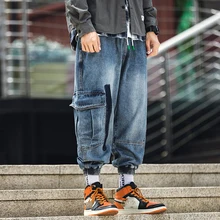 Для мужчин синие свободные джинсы с дырками на коленях большие карманы, набедренный хип-хоп дизайнерский брендовый скейтборд, широкие штаны, свободные Стиль плюс Размеры; размер 29-46