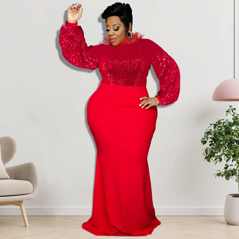 

African Sequin Red Maxi Dress South Africa Clothes Plus Size Evening Party Dresses High Quality Women Vestidos Robe Africaine