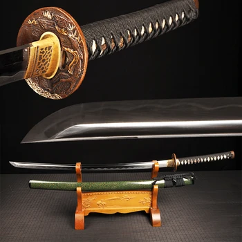

Handforged Folded Steel Sword Real Katana heat tempered sharp edge with Bo-Hi Brass Tsuba Wooden Saya Decorative Metal Craft