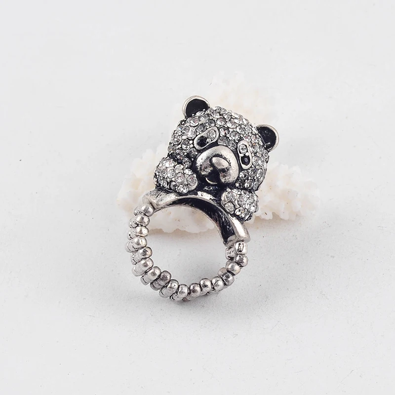 Этническое модное винтажное серебряное кольцо с кристаллами медведя для женщин
