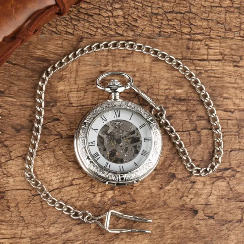 Luxury Silver Roman Numerals Display Skeleton Clock Men Women Hand Winding Mechanical  Pocket Watch Pendant Chain Half Hunter