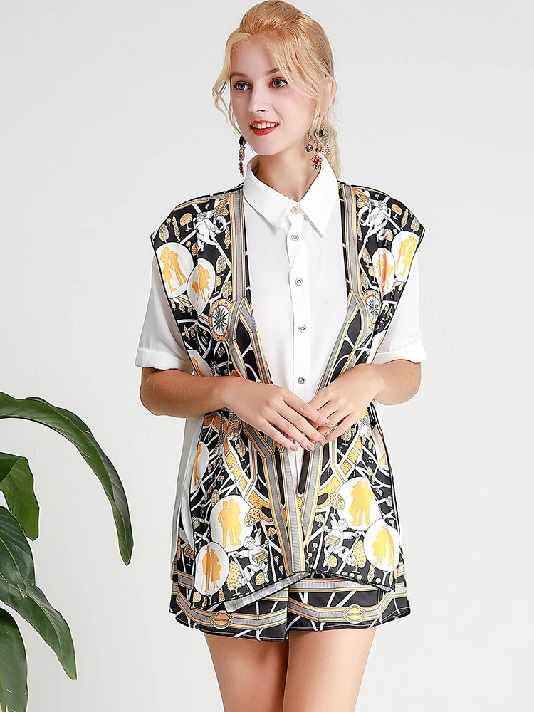 MoaaYina Fashion Designer Runway Suit Spring Summer Women Turn-down Collar Short sleeve Shirt Tops+Shorts Two-piece set