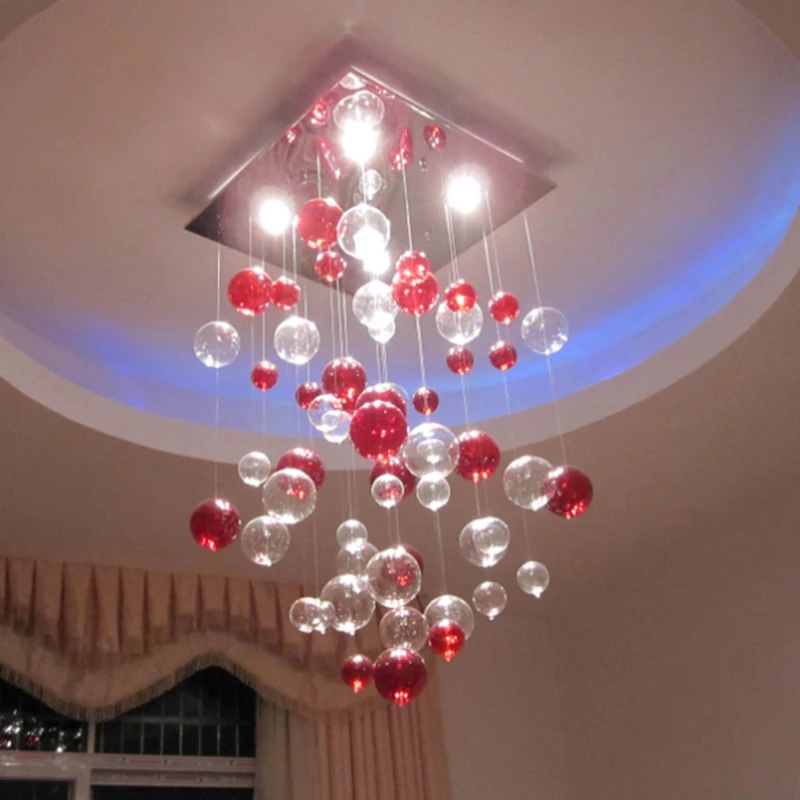 

Modern simple transparent red bubble ball design chandelier art decoration living room GU10 lighting LED stainless steel wire