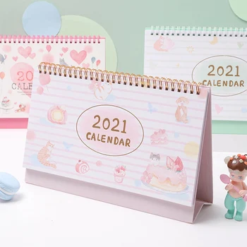

New 2021 Lovely Cat and Cherry Blossom Desk Calendar DIY Cartoon Calendars Daily Schedule Planner