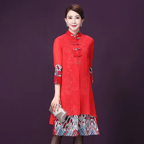Chinese New Year Women Fake Two Piece Cheongsam Dress Plus Size Retro National Style Slim Collar Buckle CNY Qipao Bride Dresses - Цвет: Красный