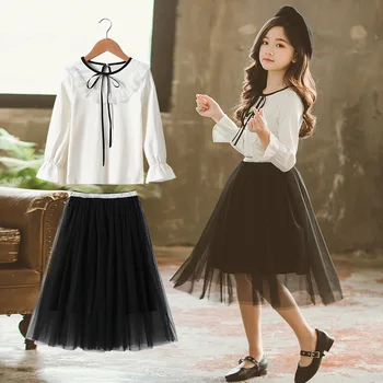 

Girls Shirt Mesh Skirt Suit 2019 Autumn New Girls Long Sleeve Round Neck White Shirt + Skirt Casual Atmosphere Suit