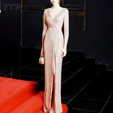 Роскошное вечернее платье с глубоким v-образным вырезом и блестками, женское сексуальное платье с высоким разрезом, Модное Элегантное длинное женское платье для вечеринки с высокой талией