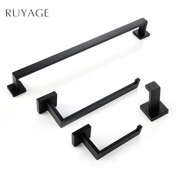 

RUYAGE Bathroom Accessories Set Black Robe Hook Towel Rail Bar Rack Bar Shelf Tissue Paper Holder Toothbrush Holder RA03