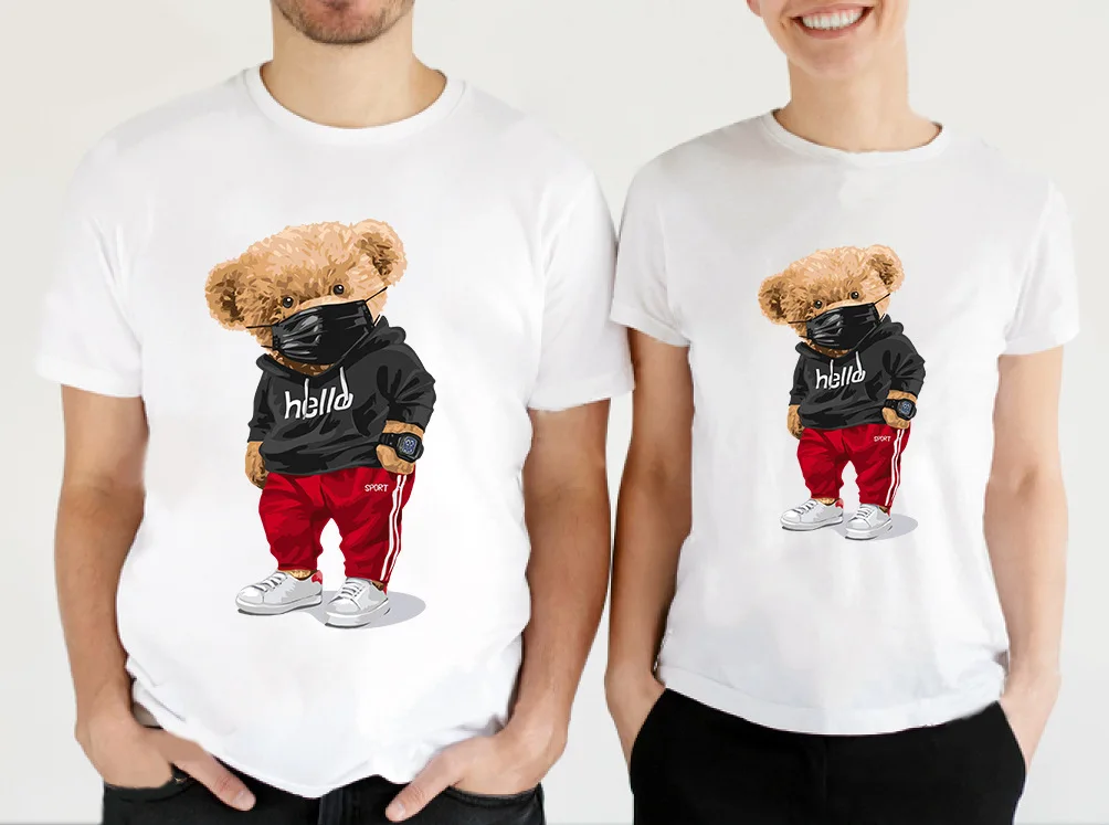 100% Cotton Sports Mask Bear Print Short-sleeved T-shirt Female Half-sleeved Summer Casual Oversized T-shirt Ladies Shirt S-4XL