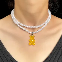 

Multilayer Colorful Candy Bear Pearl Beaded Necklace For Women Mini Bear Simple Pearl Chain Choker Necklace Trendy Party Jewelry