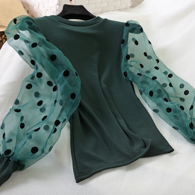 ALPHALMODA пуловер в горошек с пышными рукавами женская модная футболка с рукавами-пузырьками в стиле пэчворк Женская тонкая трендовая одежда