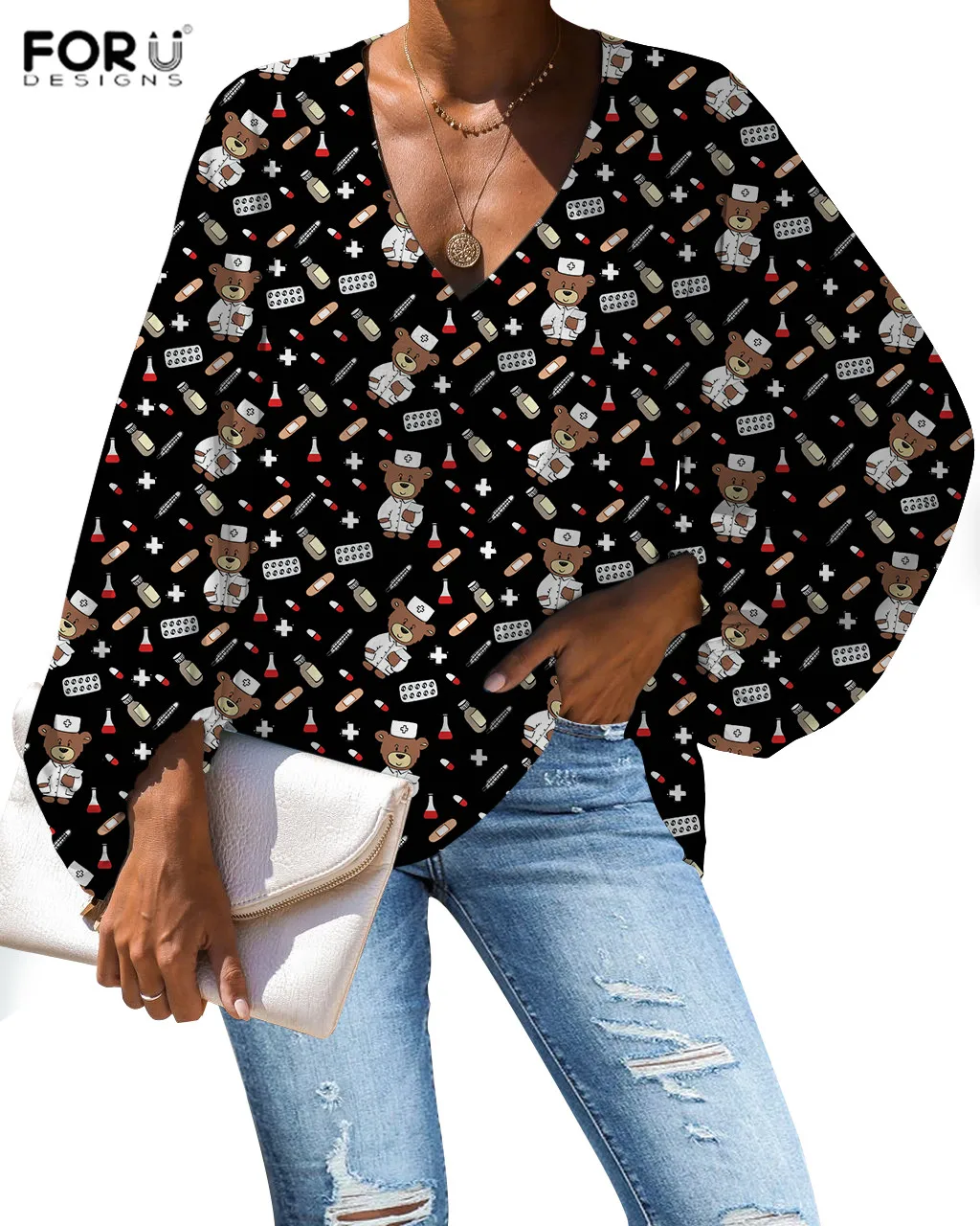 FORUDESIGNS Harajuku Shirt Women Cartoon Nurse Bear Printing Blouse Casual Loose Long Sleeve Shirt Tops Plus Size V-neck - Цвет: HXA121B2