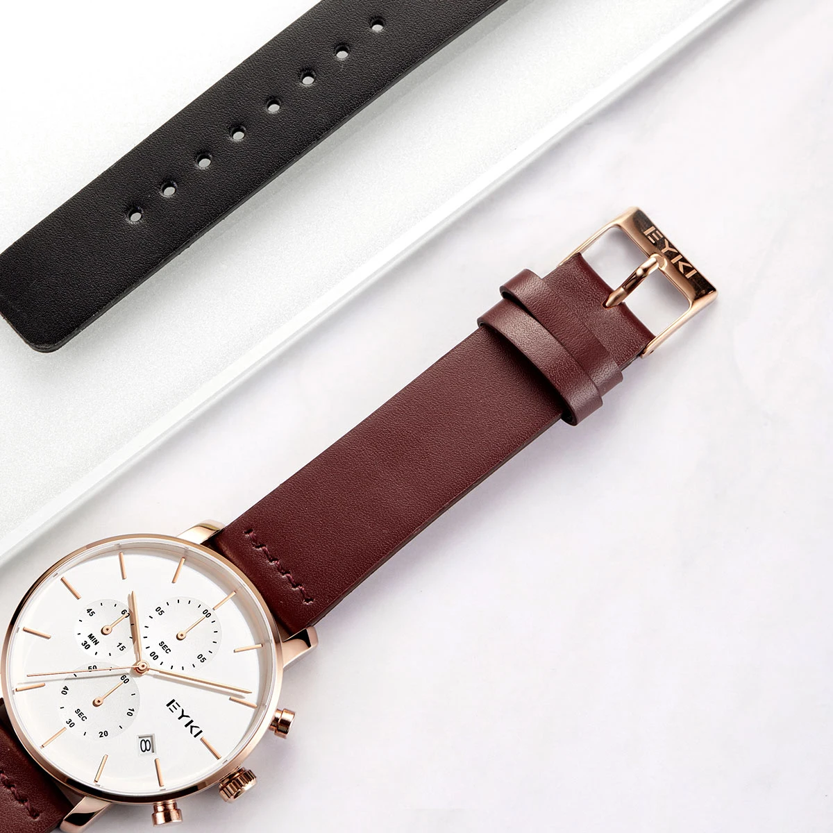 EYKI мужские часы с календарем, кожаный ремешок, ультра-тонкие водонепроницаемые мужские наручные часы, повседневные Модные кварцевые мужские часы