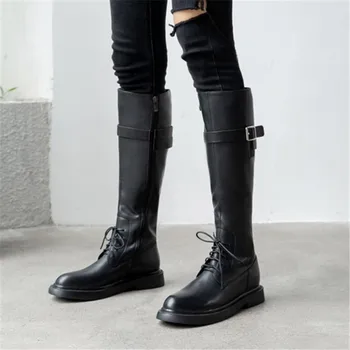 

PXELENA Cow Leather Riding Knight Knee High Boots Women Winter Shoes Low Heels Buckle Zip Lace Up Military Motorcycle Long Boots