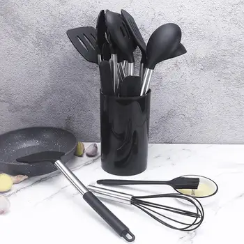 

Silicone Kitchen Utensils Spaghetti Server Cookware Set Leakage Shovel Cooking Utensil Set Spoon Black 14pcs Practical Durable
