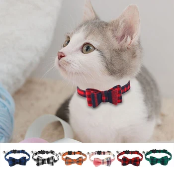 

Bowknot Small Cat Collars With Bells Adjustable Buckle Bow Tie Puppy Dog Collar Cute pet collars Colorful Plaid Grid Cat Collars