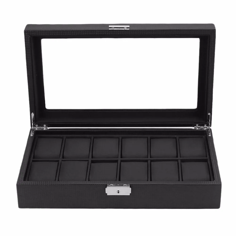 12 Grids 1PC Watch Box Case PU Leather Carbon Black Outer Black Inside Pillow Watch Storage Organizer Wristwatch Holder