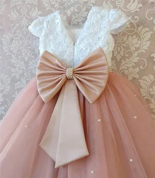 

White top 3d flowers girls dresses tulle pearls cap sleeves knee length baby girl birthday party dress pageant gowns with bow