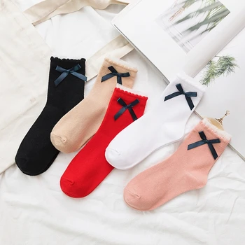 

Lolita Style Ruffles Soft Cotton Socks Women Girls Vintage Jacquard Cute Ankle Socks bow-knot Cozy Frilly Sock