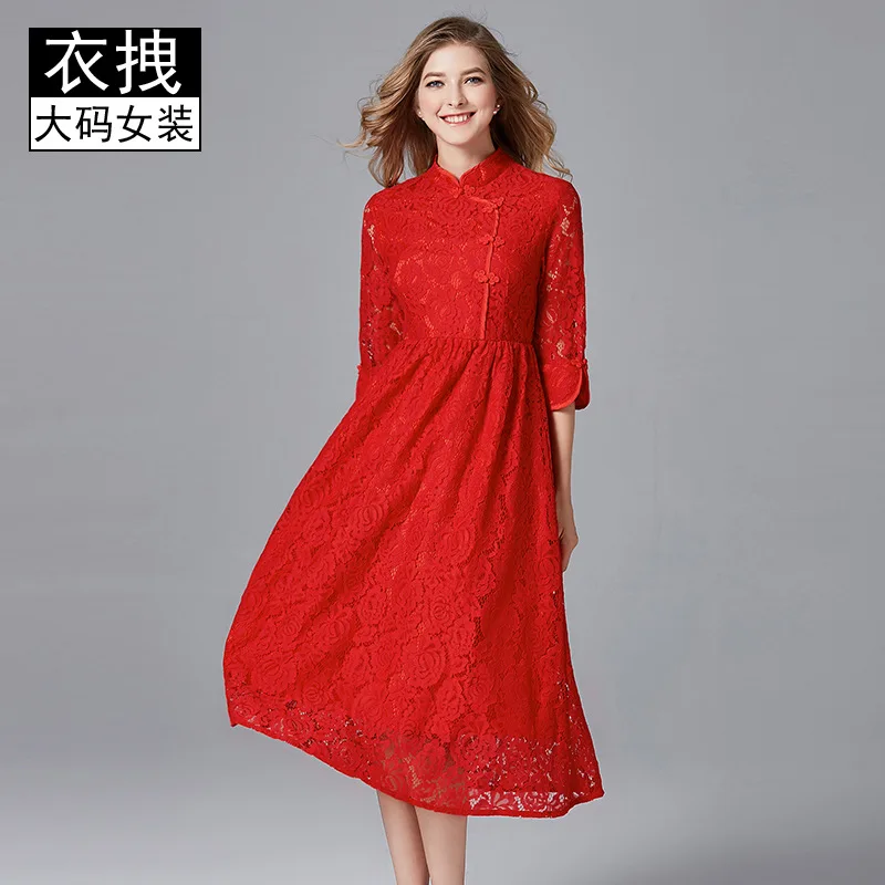 

Large Size Red Skirt New Style Lace Improved Cheongsam 2019 Fall And Winter Clothes New Style Versatile Dress Plus-sized