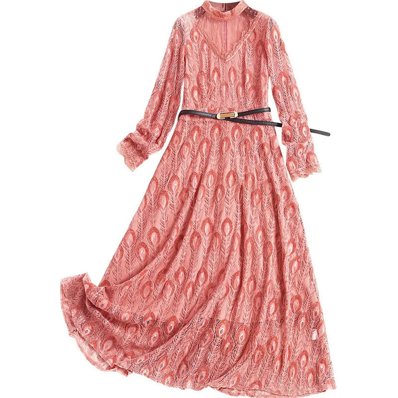 2020 The New Spring Women Flocking Lace Dress Long Sleeve O-Neck Fashion Elegant Ladies Casual Korean Mesh Sexy Maxi Clothes | Женская