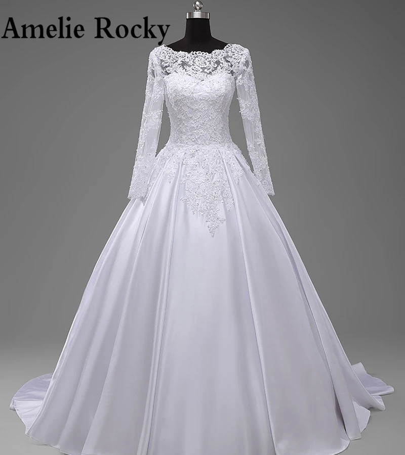 Robe De Mariage 2020 простой сатин кружевное свадебное платье с длинным рукавом расшитое