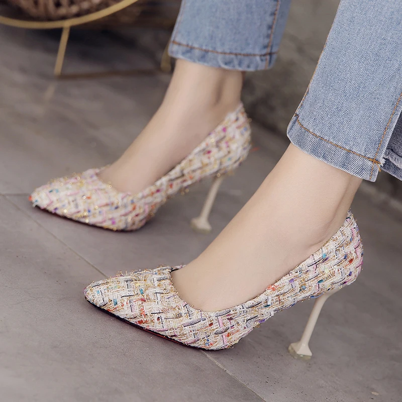 Women Dress Shoes Tweed Pumps Supper High Heels Ladies Shoes Ol Office Lady Shoes Plaid Wool Basic Pumps zapatos mujer N7798