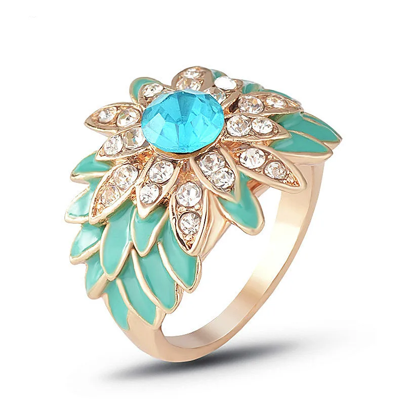 

Fashion Silver Color Ring Green Enamel Flower Ring for Women AAA Zircon Crystal Ring Delicate Fashion Finger Jewelry Bague