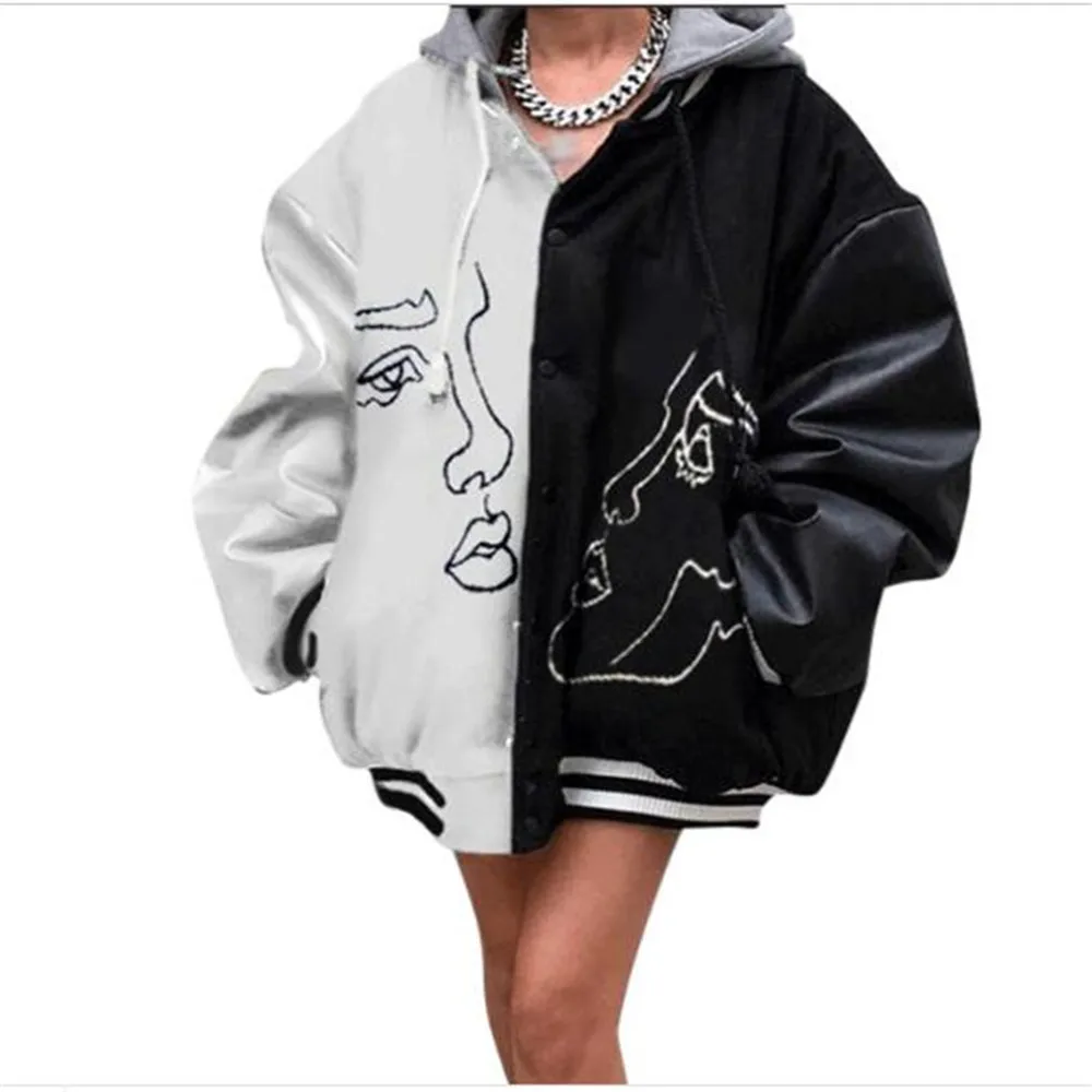 Женский однобортный свитшот с длинным рукавом черно-белый мультяшным принтом