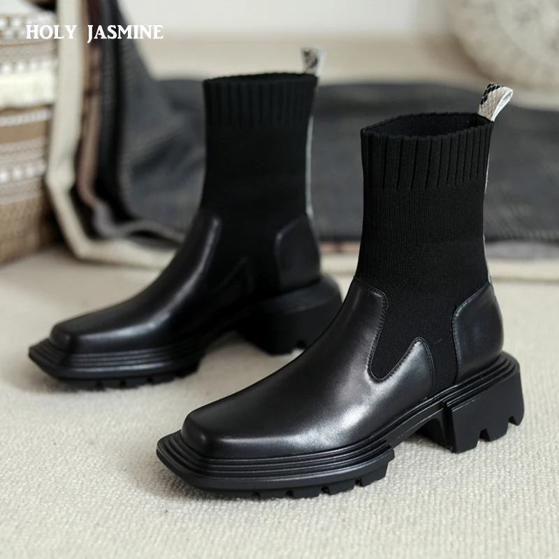 

2020 Women Boots Fashion Sock Genuine Leather Black Booties Shoes Platform Flat Motorcycle Knitting Boots Women Platform Boots