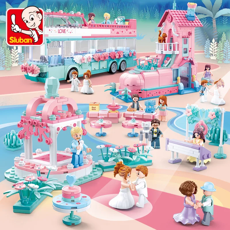 

City Wedding Party Car Princess Girl Friends Romantic Wedding Dress Model Building Blocks Bricks Toys For Children Gift